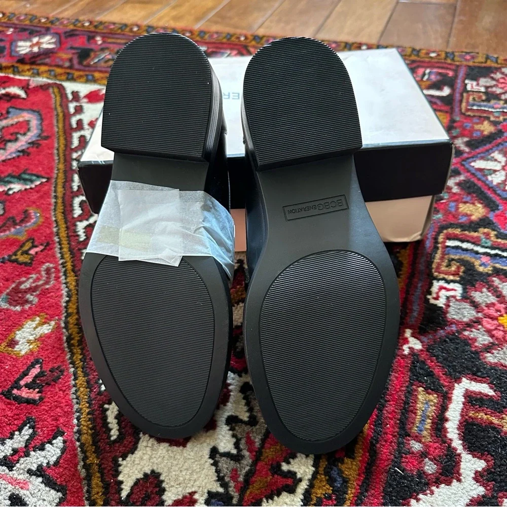 BCBG Black Leather Loafers with Gold Buckle - Picture 5 of 6